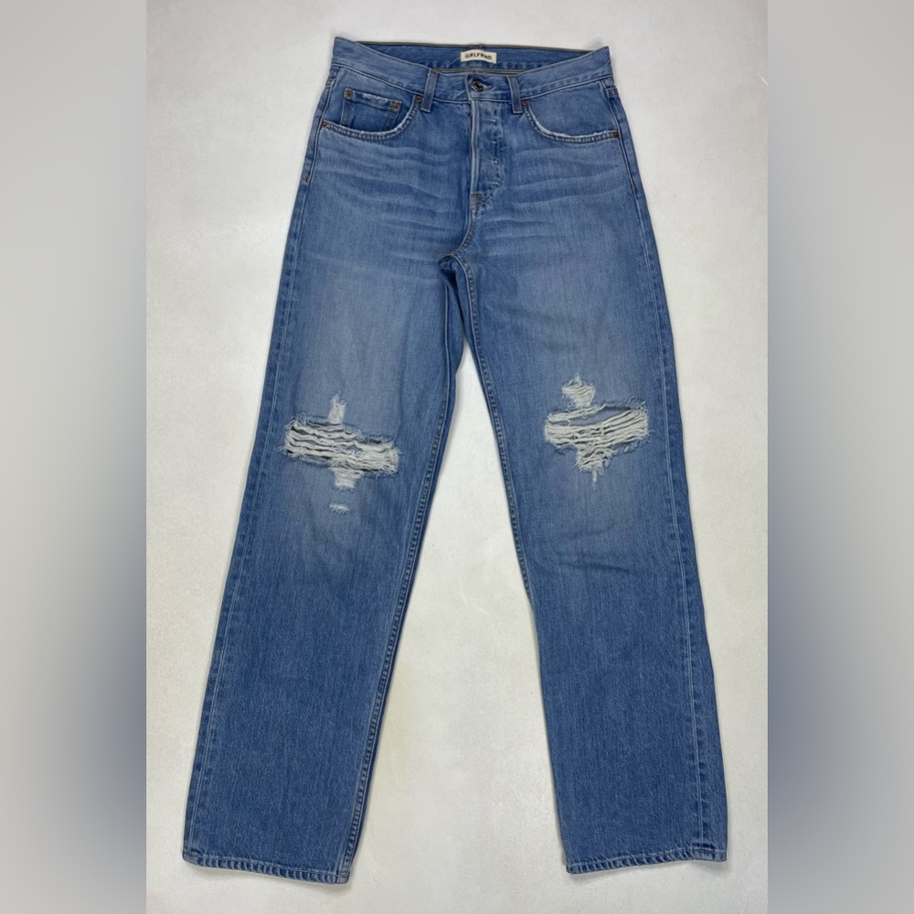 GRLFRND Women's Straight Leg Ripped Jeans in Medium Blue